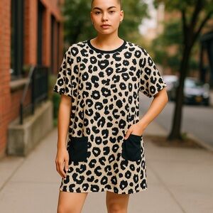 Leopard Print Long T-Shirt Dress – Loungewear or Beachwear with Black Front Pock